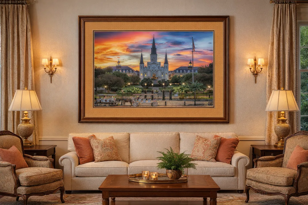 A warm, elegant living room features a framed sunset photograph of St. Louis Cathedral in New Orleans, double‑matted in golden and burnt orange tones with a rich wood frame. The artwork hangs above a cream sofa with coral pillows, surrounded by antique chairs, brass lamps, and floral accents. The vivid sunset sky and historic architecture create a dramatic focal point that complements the room’s cozy, refined style.