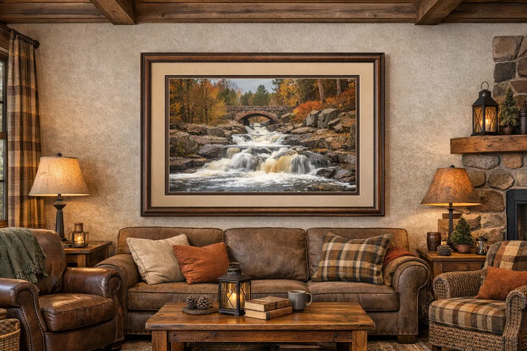 A framed photograph of Bridge #6 on Seven Bridges Road hangs above a brown sofa in a cozy cabin living room. The artwork features a cascading waterfall beneath a stone arch bridge surrounded by autumn foliage. It is double‑matted with a beige top mat and a dark brown bottom mat inside a wood frame.