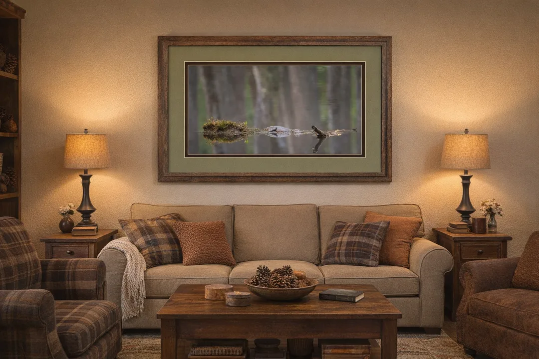 A framed photograph of an alligator partially submerged in calm water, its eyes and snout just above the surface near a moss-covered log. The image captures the creature’s stealth and natural camouflage against softly blurred reflections of trees.