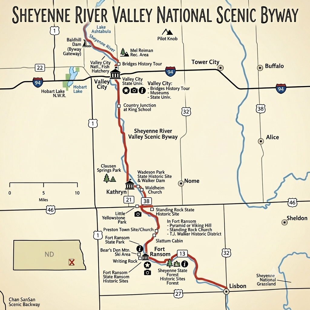 Illustrated map of the Sheyenne River Valley National Scenic Byway in southeastern North Dakota, showing the route from Lake Ashtabula and Baldhill Dam near Valley City south through Kathryn and Fort Ransom to Lisbon. Major highways, towns, parks, bridges, and landmarks are labeled along the byway.