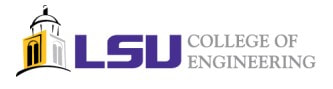 LSU College of Engineering logo with purple “LSU,” gray text, and tower icon.
