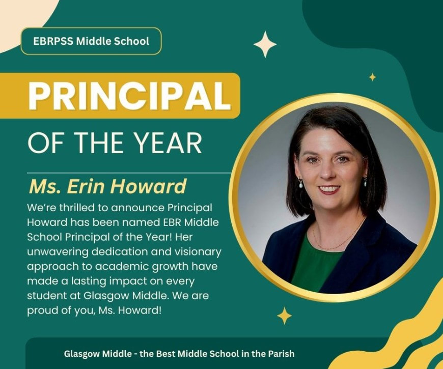 Poster announcing “Principal of the Year” with photo and text honoring Ms. Erin Howard.