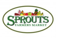 Green “Sprouts Farmers Market” logo with produce illustrations in an oval border.