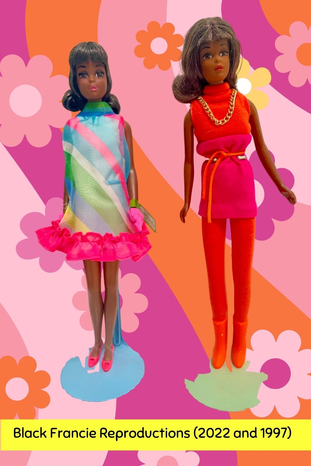 Black Francie repros. You can see the Francie produced in 1997 is larger than the 2022 doll, but the 1997 doll is a Silkstone.