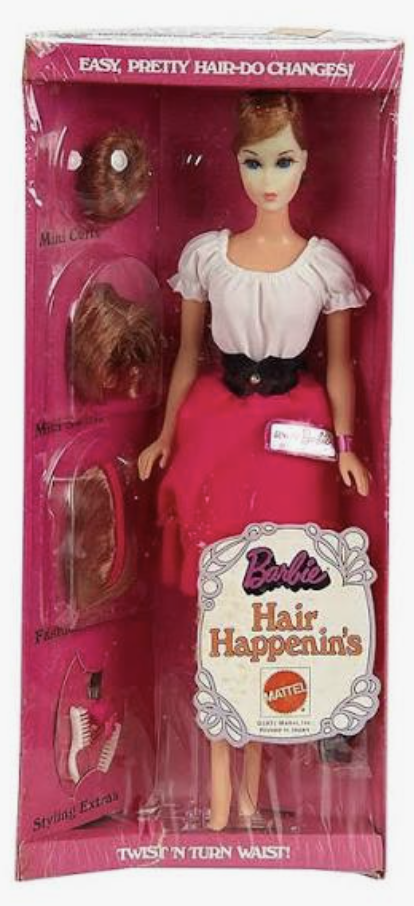 1971 Hair Happenin's Barbie only comes with red hair and is very rare. She uses the same head as Hair Fair Barbie (which was only a head with wiglets) but this Barbie also comes with a body.