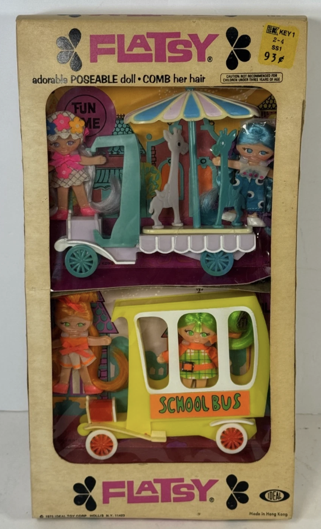 Flatsy doll playset: Carousel and School Bus