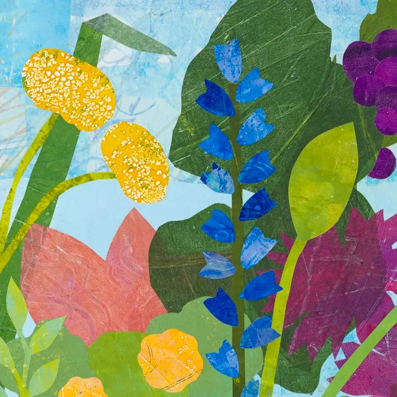 Detail of Abundance paper collage of brightly colored flower garden