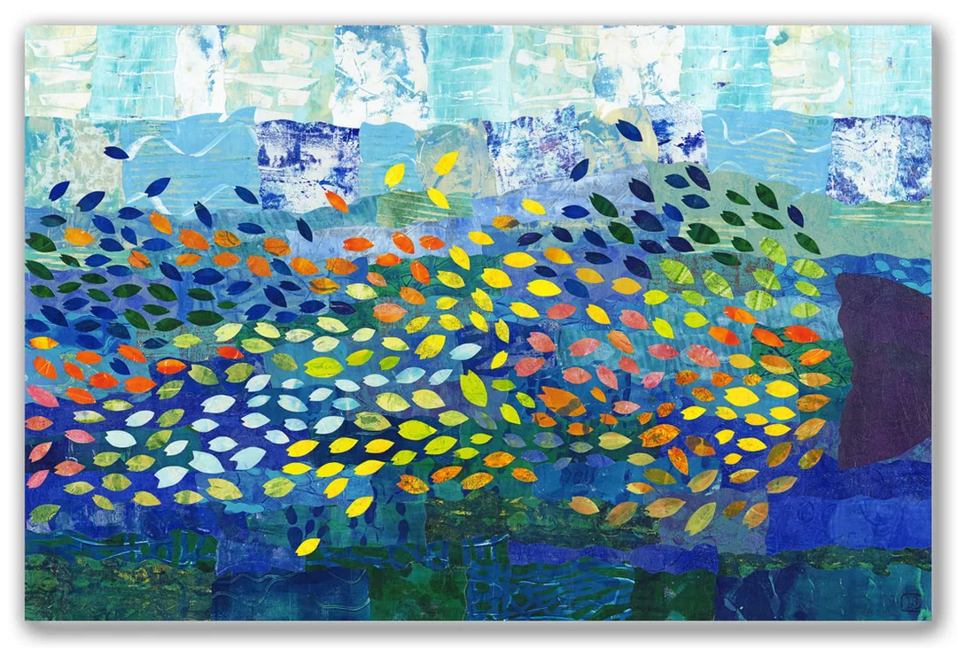Berkley We Are Many collage of many small fish in many colors chasing a large fish tail.