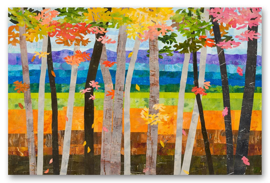 An abstract stand of autumn trees in front of a rainbow striped landscape. Trunks in shades of brown and grey, cut out lacy leaves in shades of red, orange, pink, yellow, and green.