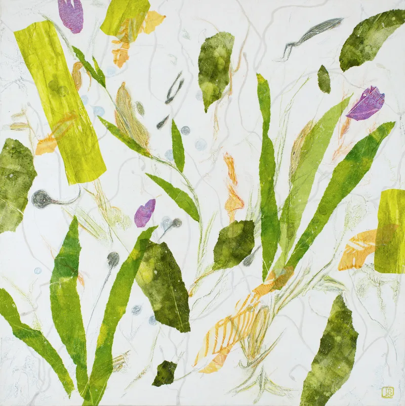 Abstract leafy green and gold elements with purple floral shapes  against a white background with small grey/blue forms leaping and swimming