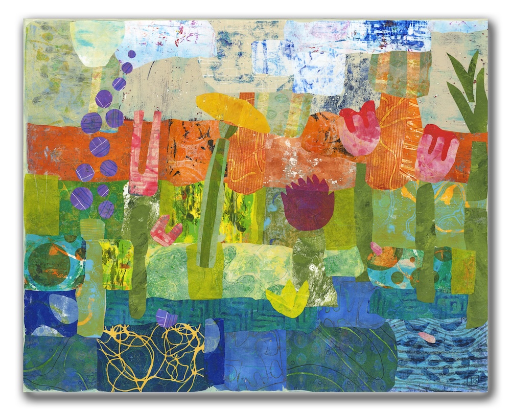 Colorful collage of hand-printed paper forming an abstract garden scene