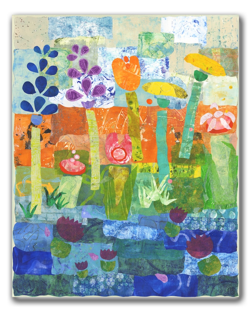 Colorful collage of hand-printed paper forming an abstract garden scene