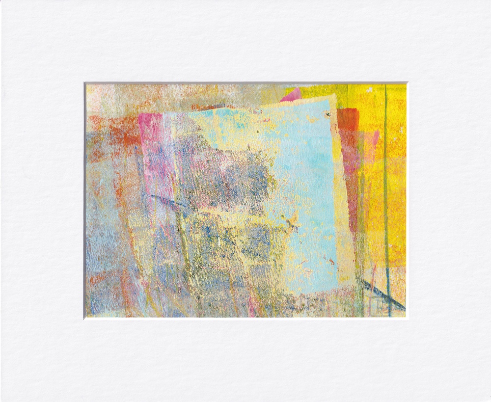Abstract painting, a bit geometric, in golds, blues, reds, grays reminding of window with blue sky