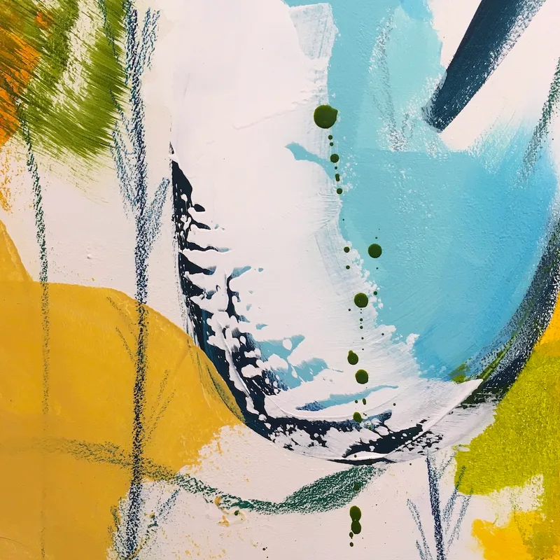 Detail of Jubilation, a swish of dark blue against white with turquoise, yellows and greens