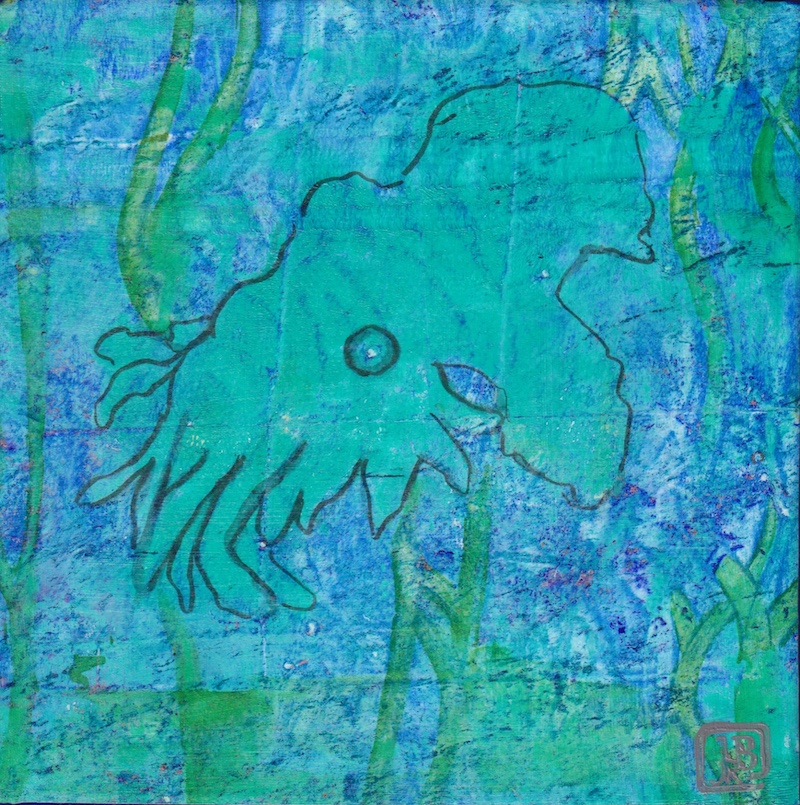 Monotype print of abstract teal greenish sea creature and seaweed  against a blue background. 