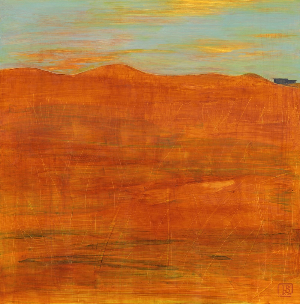 Painting of landscape of golden orange land with scratching into paint and earthy green and red shading for lower two thirds of painting. Top third includes a small grey structure and a light blue sky with golden light through clouds.