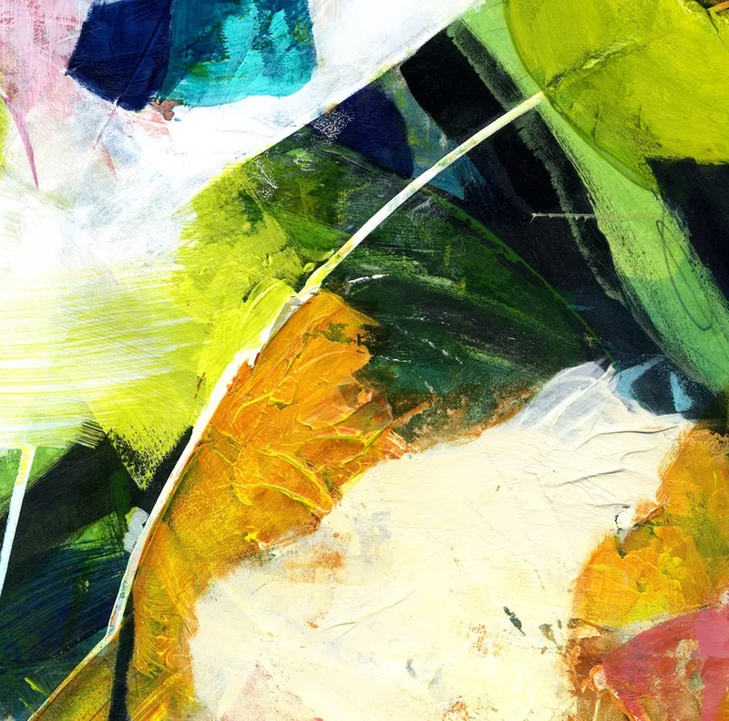 Detail of Dance of Joy colorful, layered abstract in colors of nature