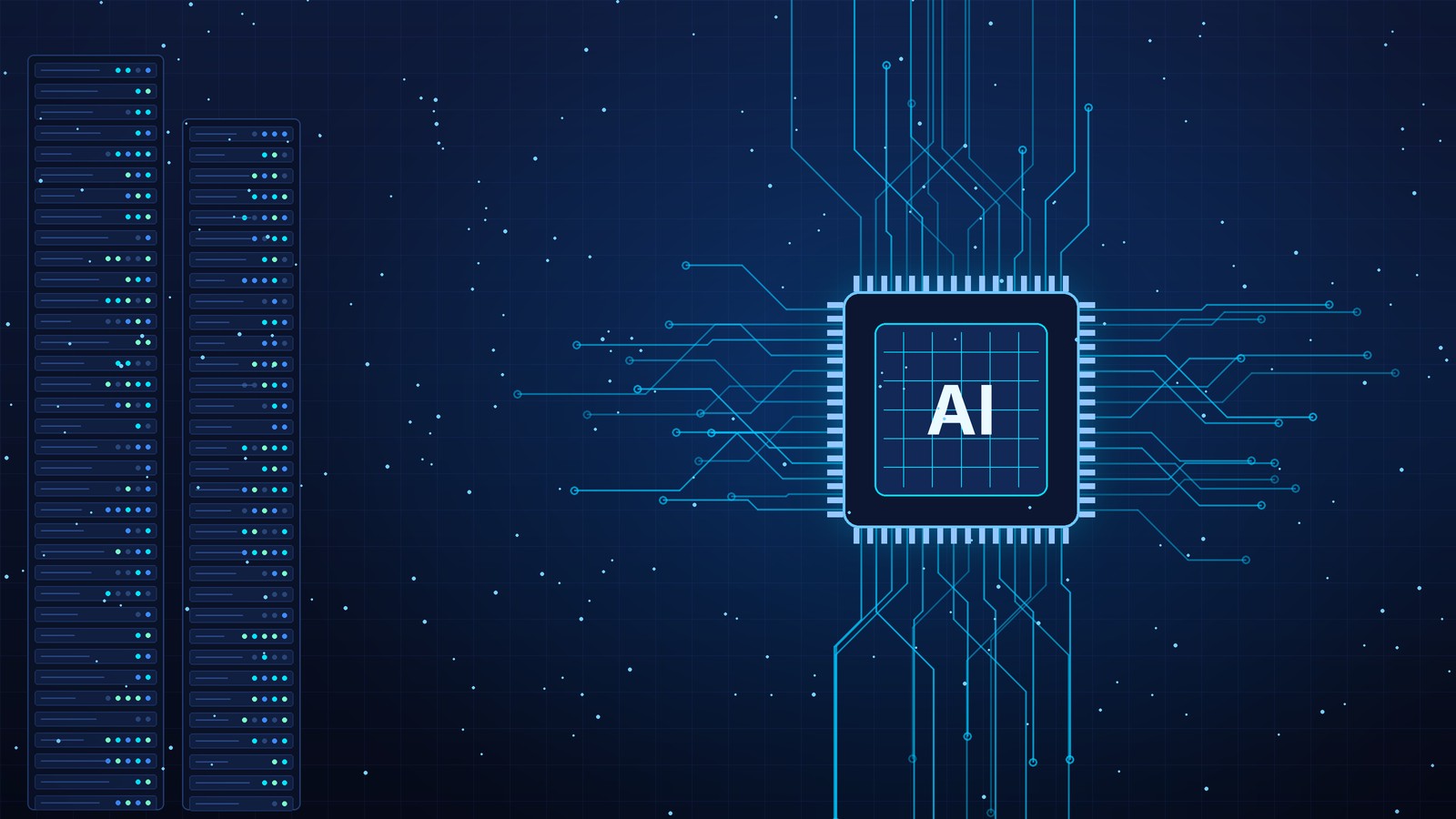 AI chip connected by circuit traces beside data center server racks