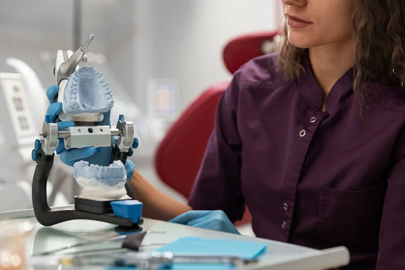 Female dentist evaluating a case.