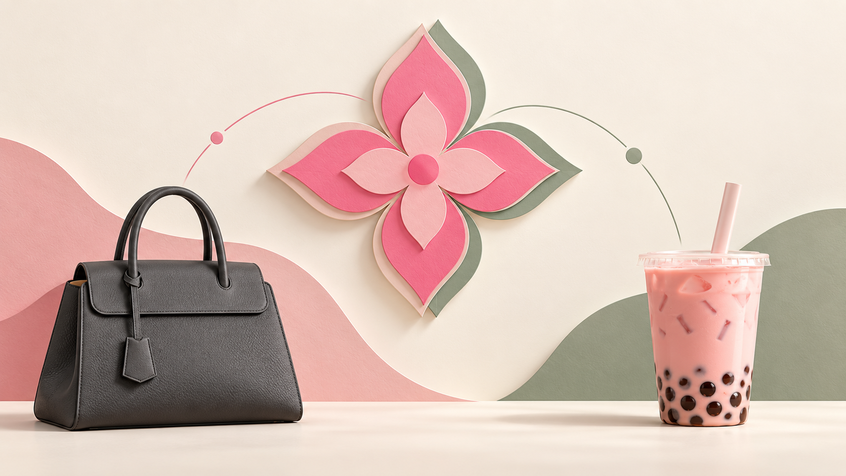 Charcoal handbag and pink bubble tea cup beneath a layered four petal flower, illustrating the Louis Vuitton and Molly Tea trade mark dispute.