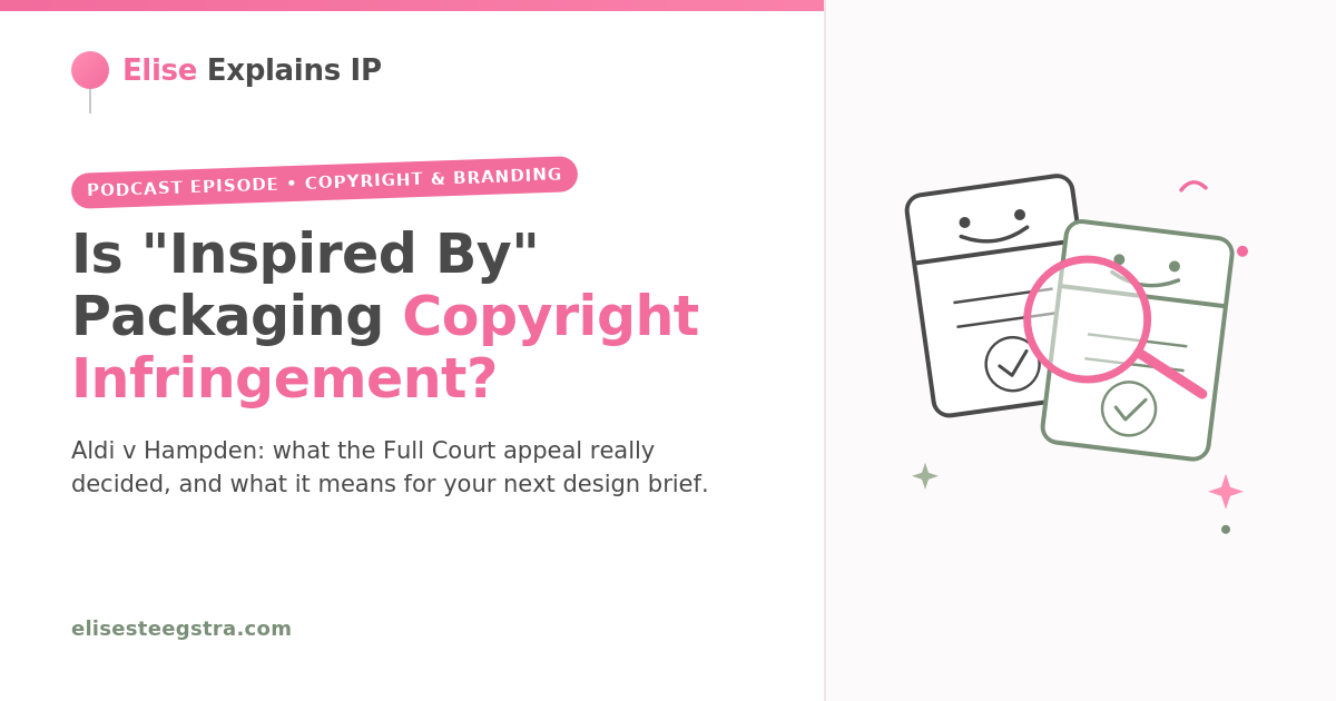 Elise Explains IP podcast graphic: two smiling snack packaging boxes being compared under a magnifying glass, is inspired-by packaging copyright infringement, Aldi v Hampden explained.