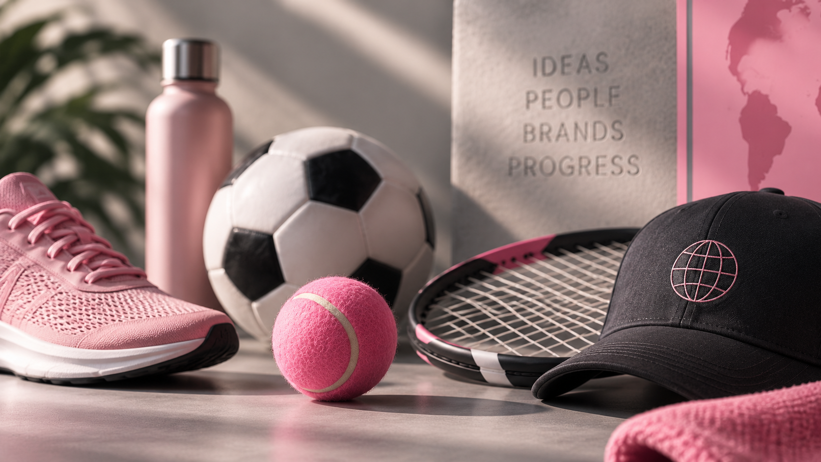 Pink and charcoal sporting equipment, including a running shoe, soccer ball, tennis ball and racket, representing innovation, branding and intellectual property in sport.