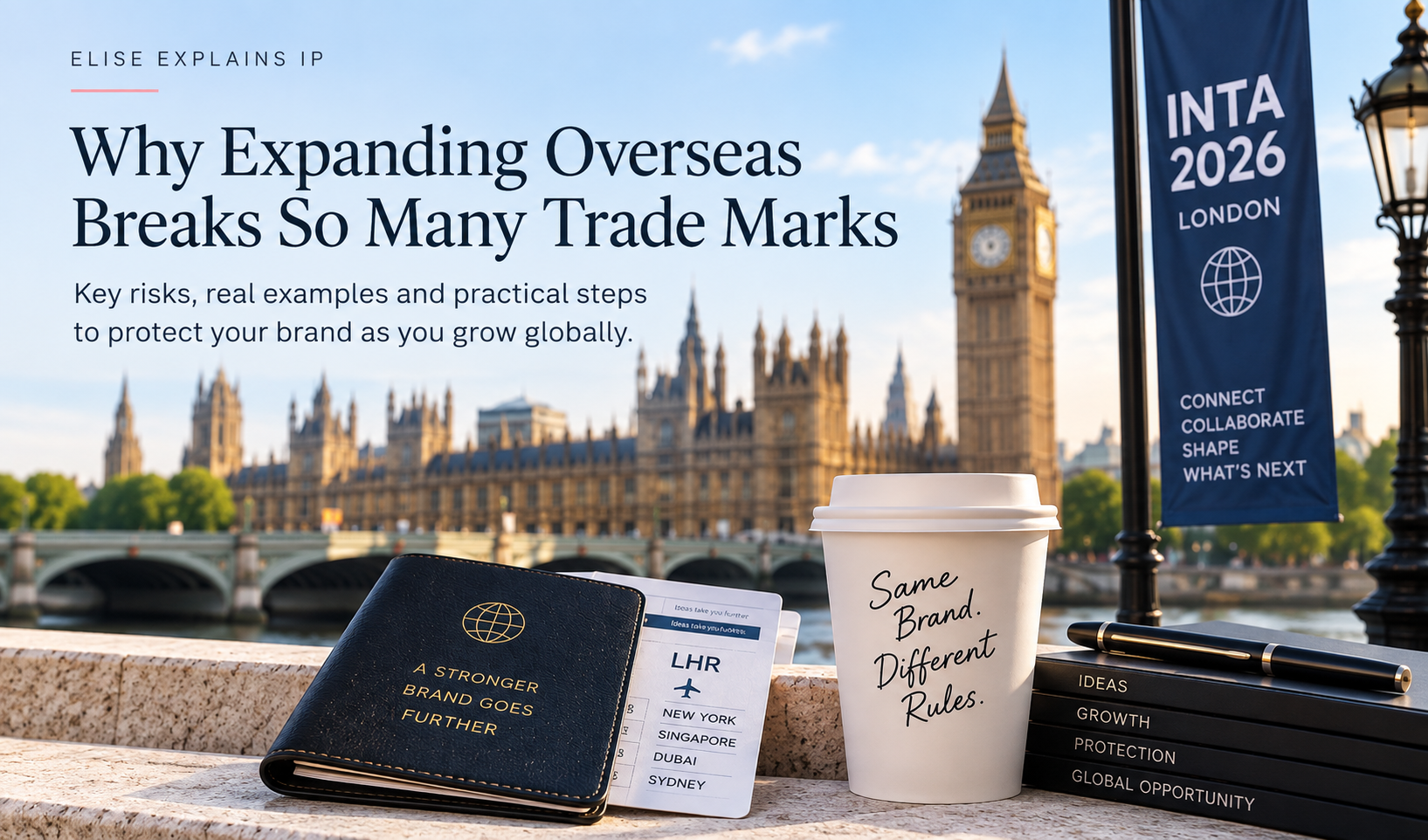 London skyline and Big Ben with international travel and brand protection imagery, illustrating the trade mark risks businesses face when expanding overseas.