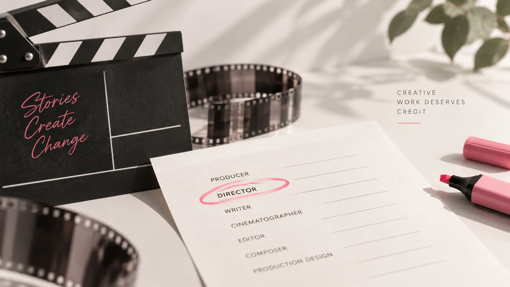 Film clapperboard, film strip and production credit sheet with the director credit highlighted in pink, representing copyright, attribution and moral rights for creatives in Australia.
