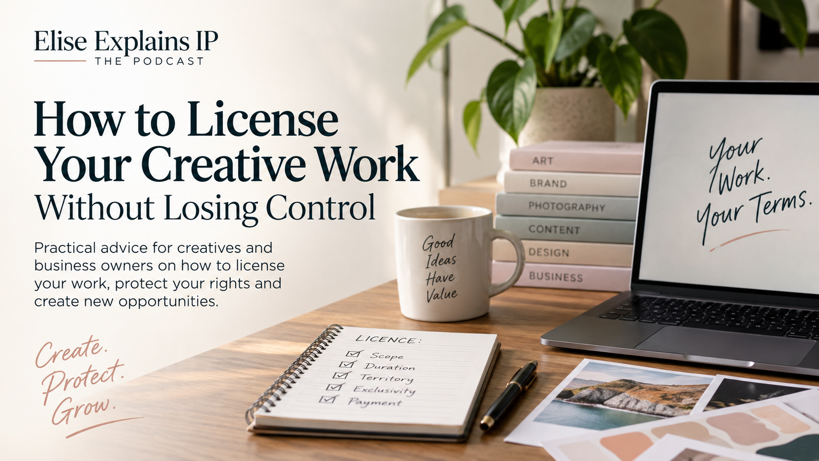 Creative workspace illustrating IP licensing, with a laptop, artwork, photography and a checklist covering licence scope, duration, territory, exclusivity and payment.
