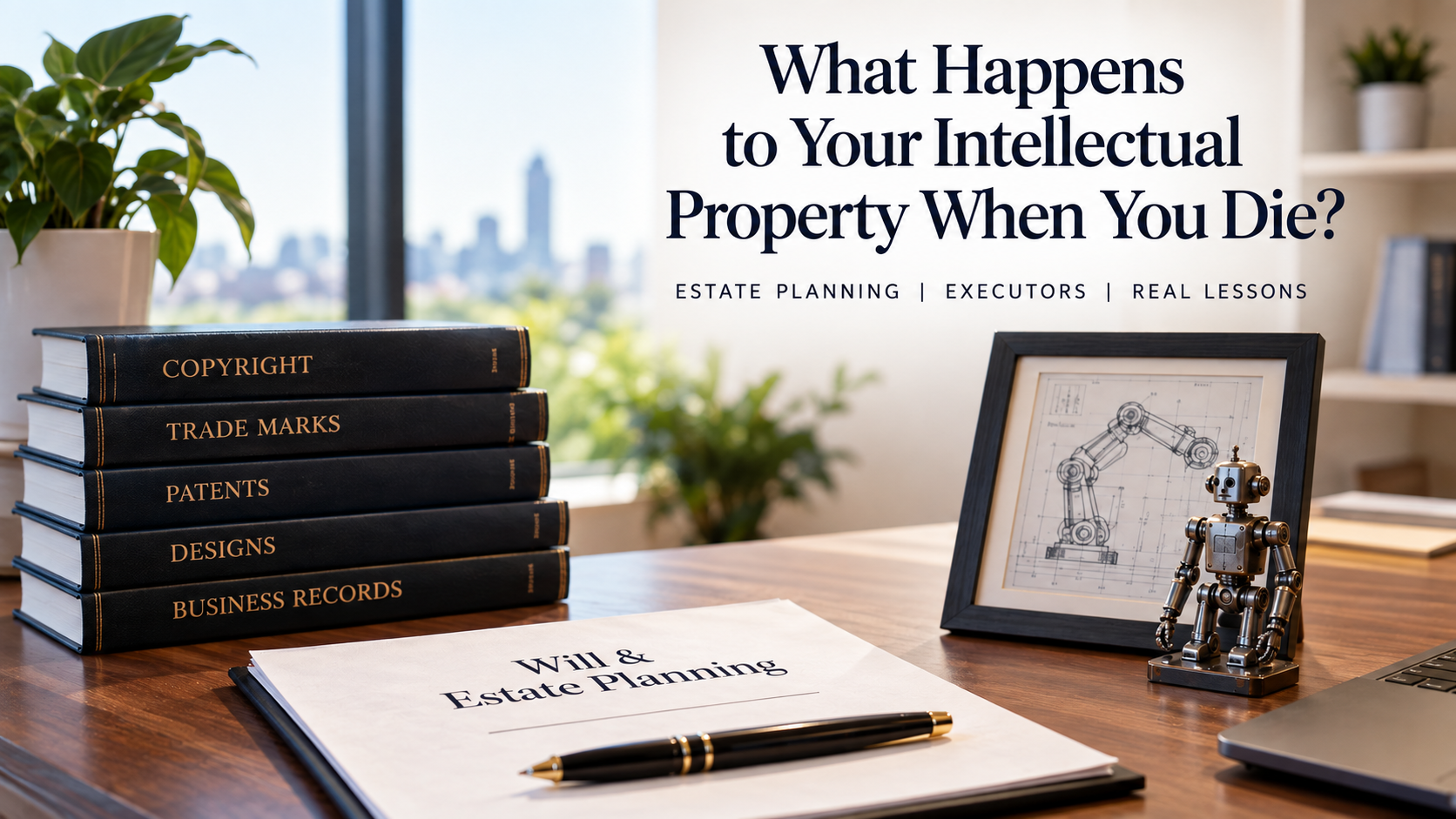 Estate planning documents alongside books representing copyright, trade marks, patents and designs, with a robotics schematic illustrating intellectual property in a deceased estate.