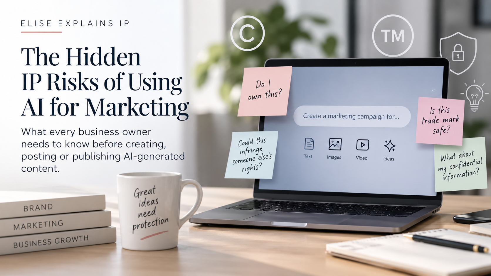 Laptop using generative AI for marketing surrounded by questions about copyright, trade marks, ownership and confidential information.