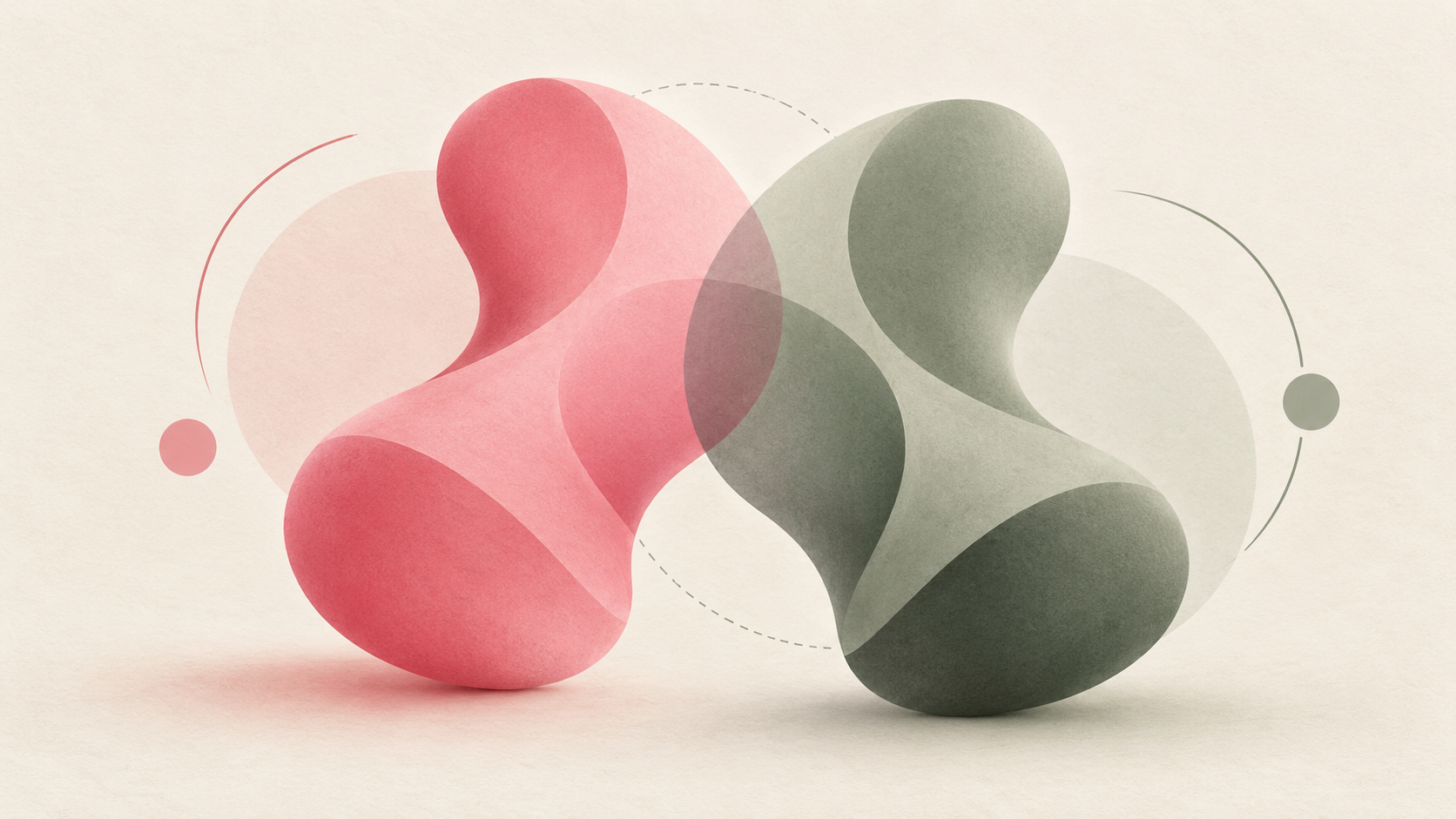 Abstract image of Similar Forms, Distinct Identity being a pink blobby shape on the left and a similar sage green  blobby thing on the right