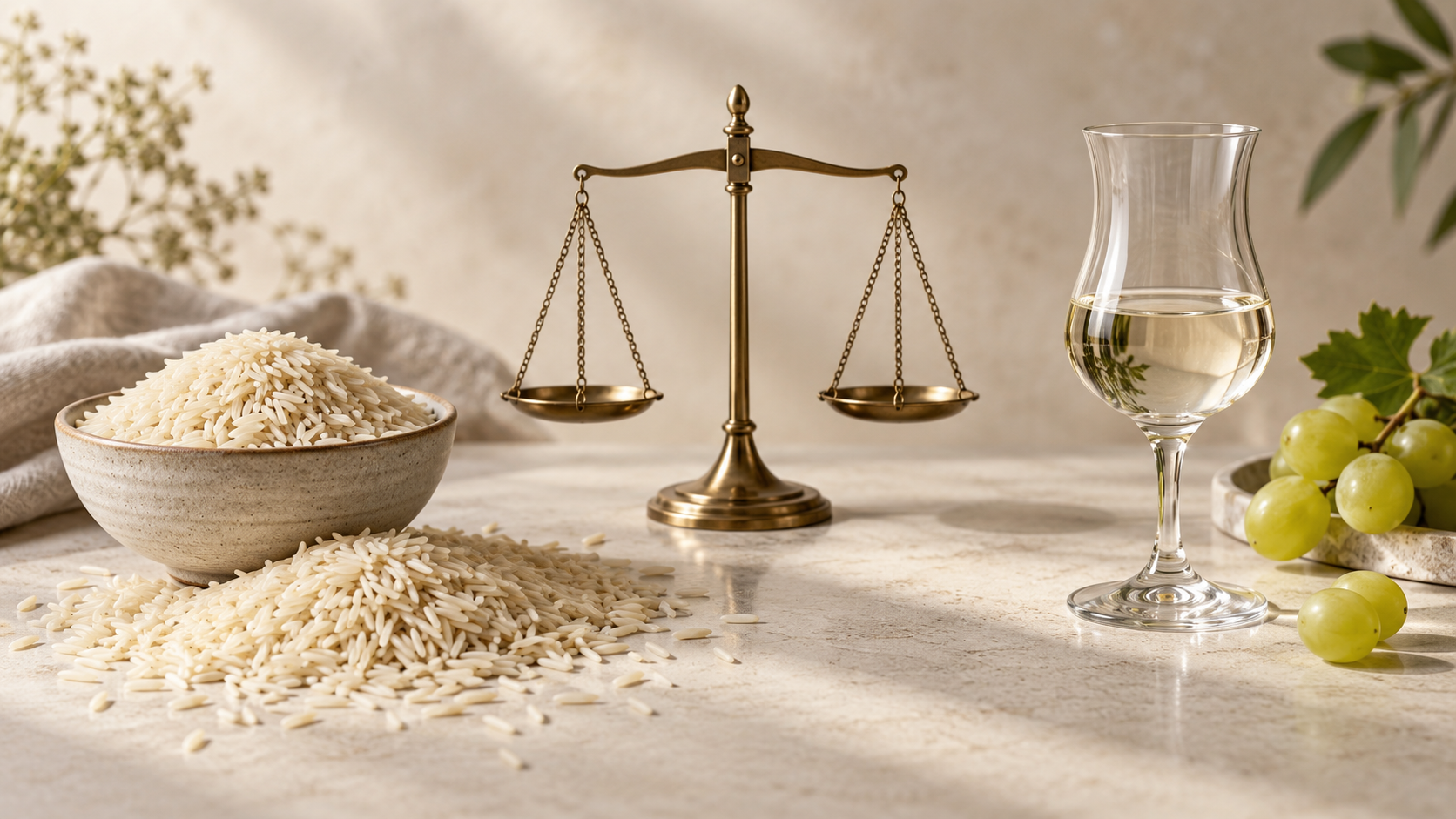 A bowl of long-grain Basmati rice and a glass of Pisco positioned on either side of brass scales, representing the contrasting Australian trade mark decisions.