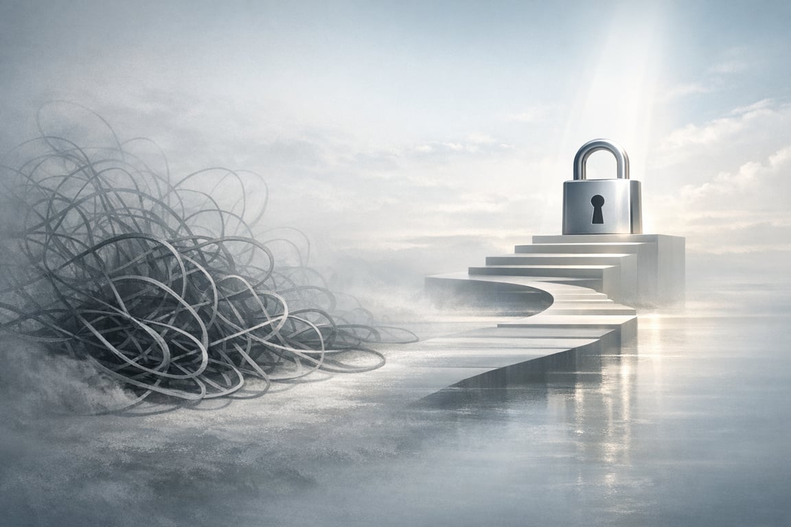 A padlock on a stairway surrounded by tangled wires, representing the complexity of intellectual property protection for entrepreneurs