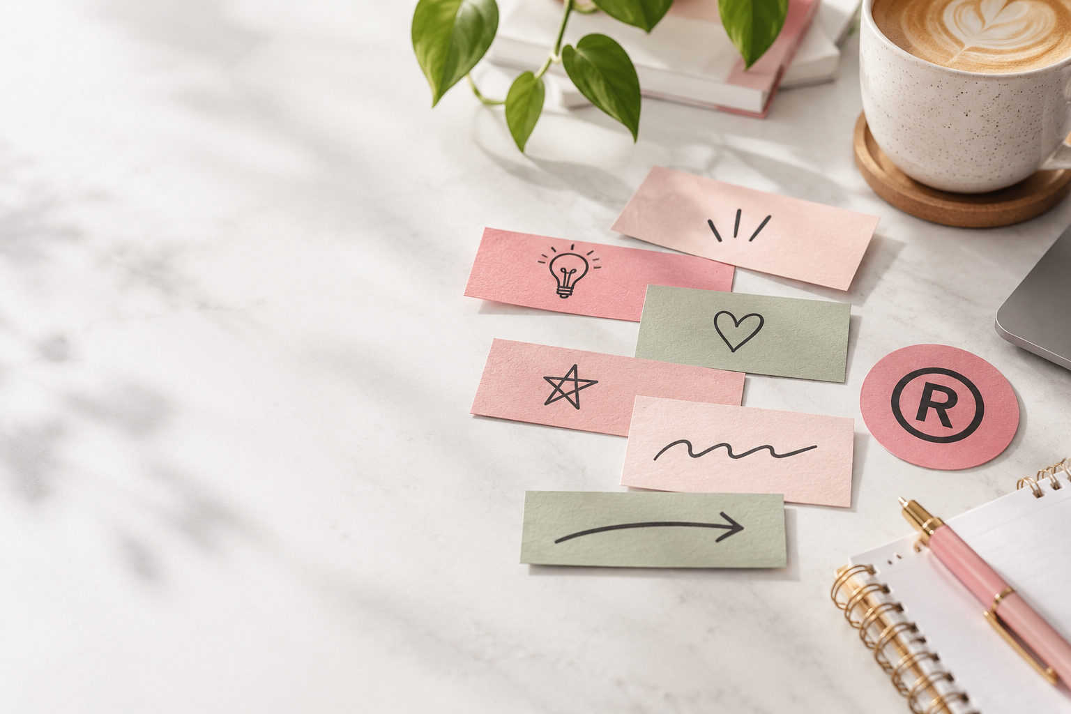 Creative branding workspace with pink and sage idea cards and a registered trade mark symbol, representing slogan and tagline protection.