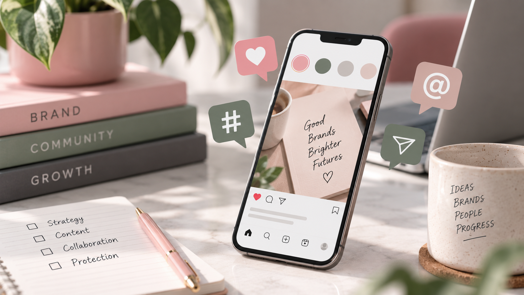 Smartphone displaying social media content on a branded workspace, illustrating social media IP risks including brand consistency, influencers and content protection.