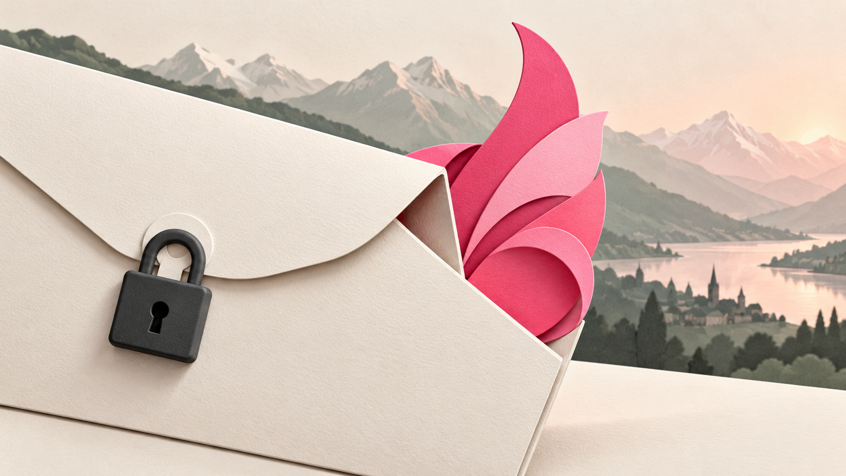 Pink abstract brand symbol emerging from a cream envelope with a charcoal padlock, with Alpine mountains in the background.