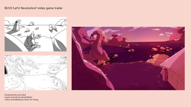 Layout and backgrounds for Let's! Revolution! video game trailer, made as part of a masters of animation. Colours by Shieu Jen Chang