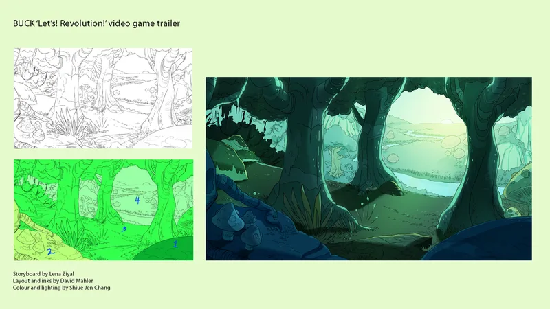 Layout and backgrounds for Let's! Revolution! video game trailer, made as part of a masters of animation. Colours by Shieu Jen Chang