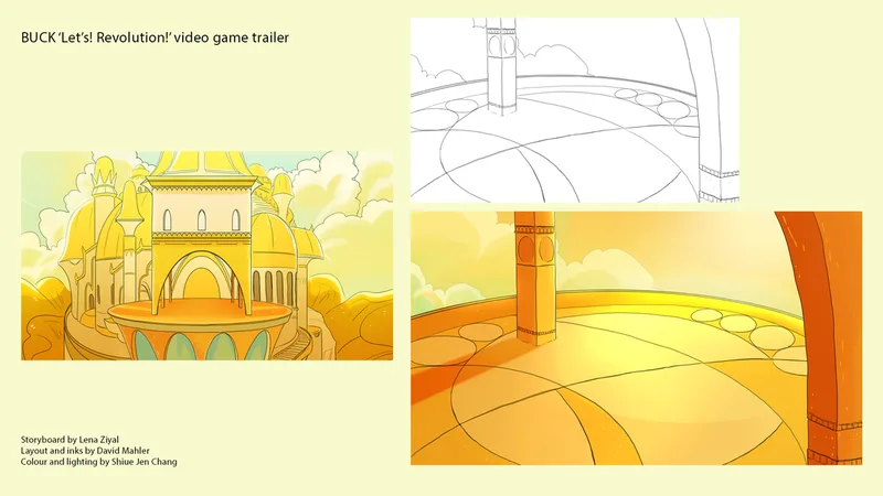 Layout and backgrounds for Let's! Revolution! video game trailer, made as part of a masters of animation. Colours by Shieu Jen Chang