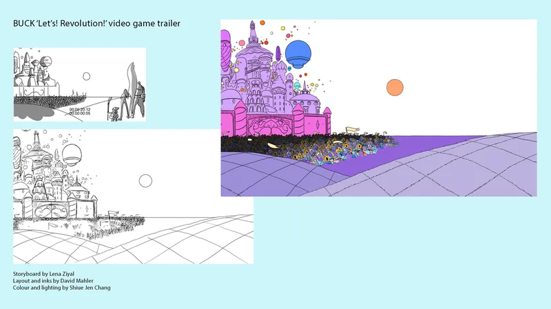 Layout and backgrounds for Let's! Revolution! video game trailer, made as part of a masters of animation. Colours by Shieu Jen Chang