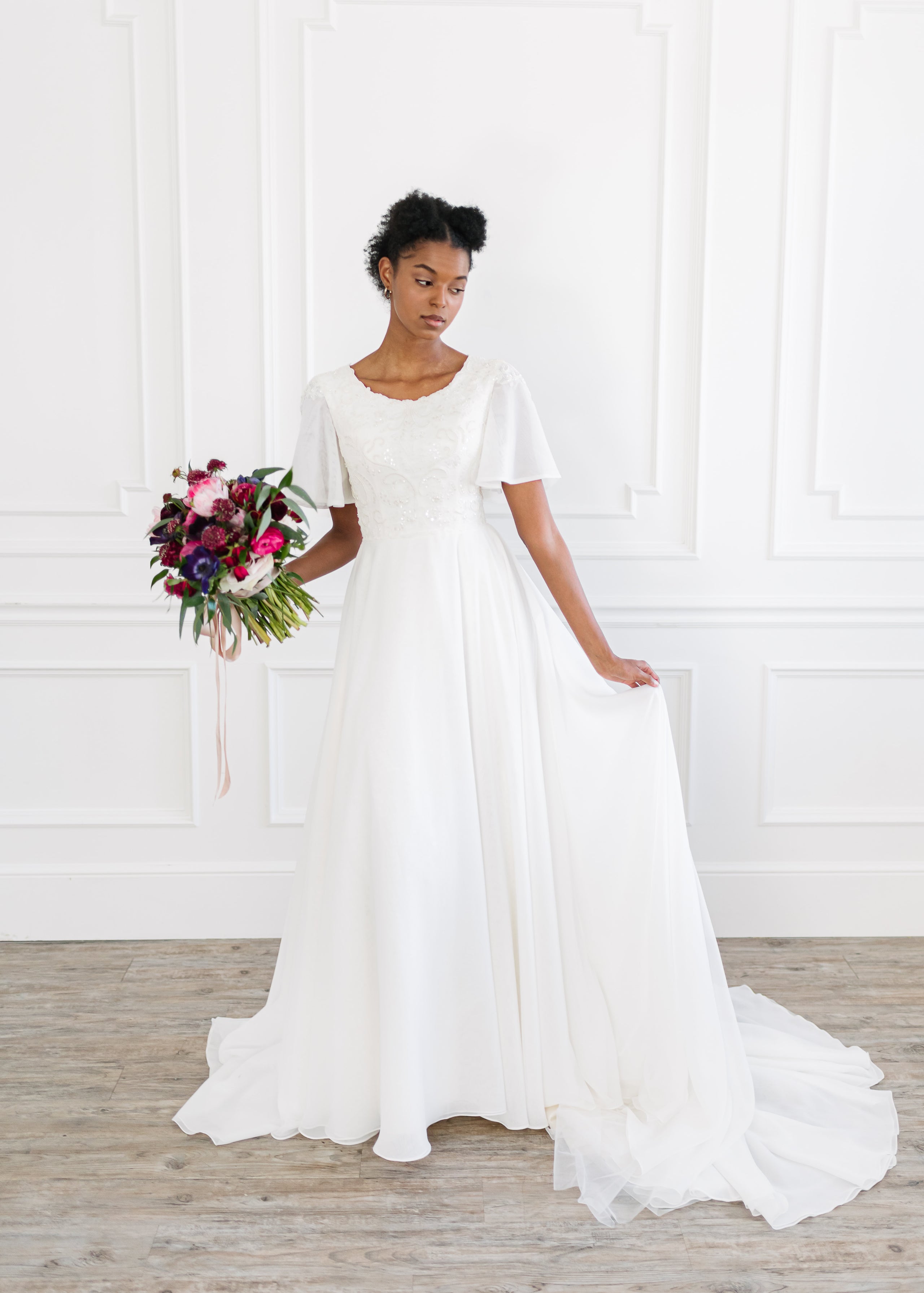 flowy modest wedding dress Tami Shoshi yegudayov midi dress