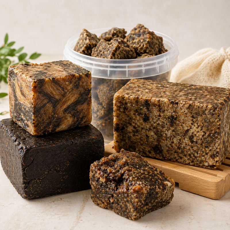 Large block of authentic African black soap with crumbly pieces in container, showing natural rough texture and uneven composition