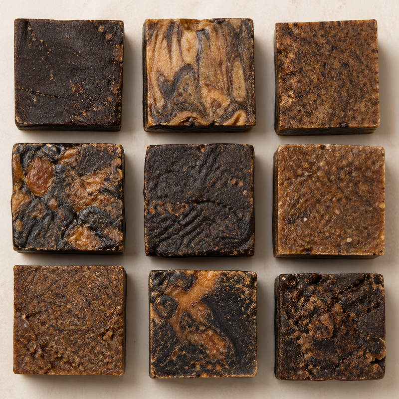 African black soap variations showing uneven textures, natural colour differences from light brown to deep black, and irregular handmade shapes
