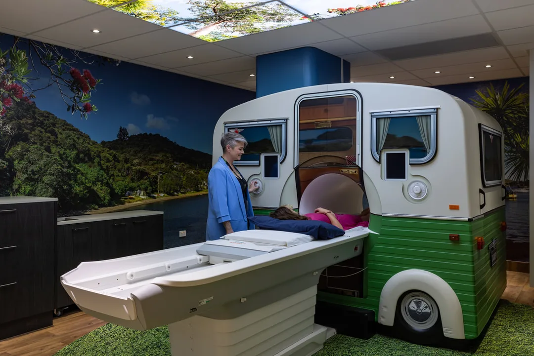 Retro caravan shell housing an MRI scanner at Canopy Healthcare