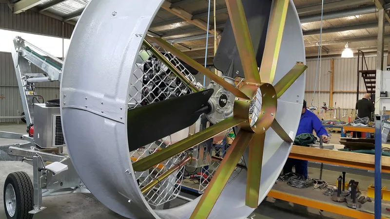 Close-up of Tow & Blow fan blades and fibreglass shroud during manufacture