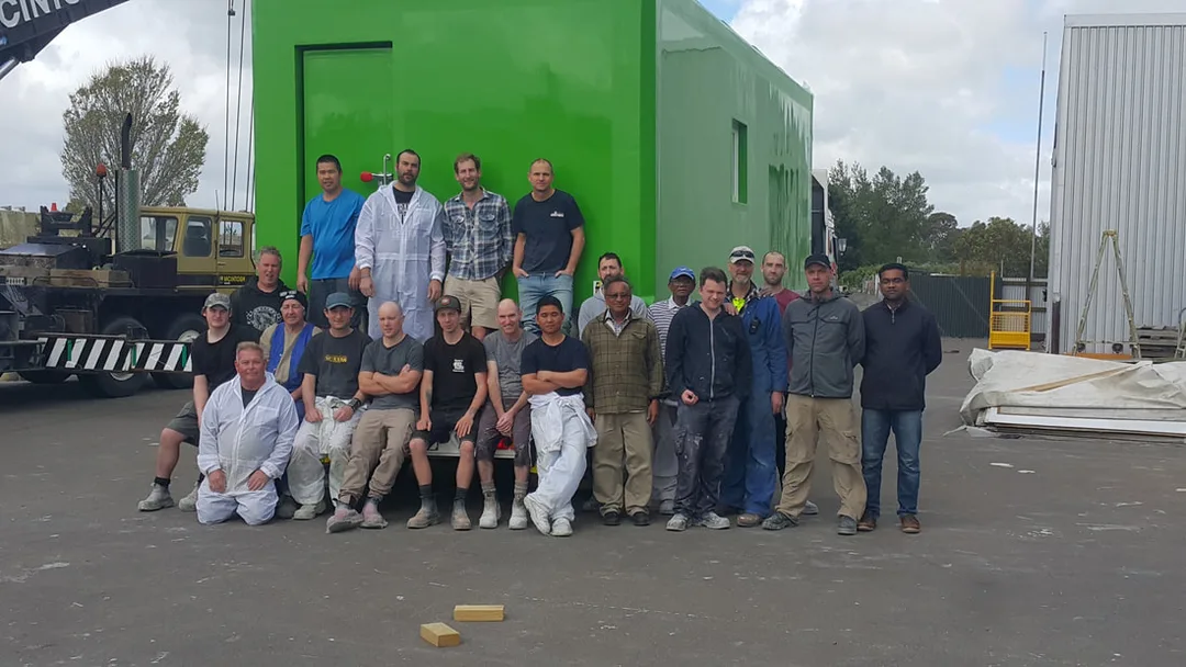 FDL team with the Big Green Box composite living module built for Scott Base