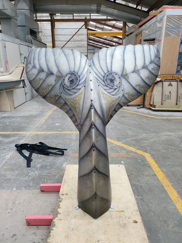 “Flukes of Steel” whale-tail sculpture in the workshop