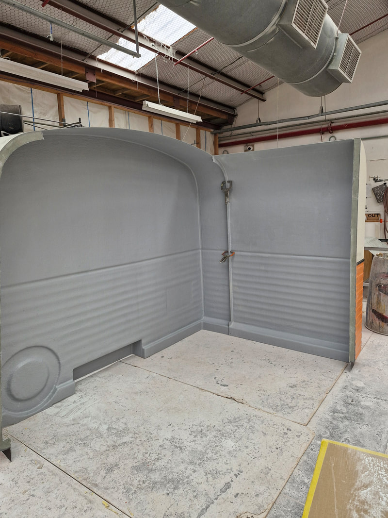 Interior of the unfinished MRI caravan shell in the workshop