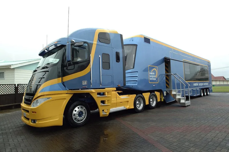 Mobile operating theatre with a fibreglass truck front and lightweight GRP trailer panels